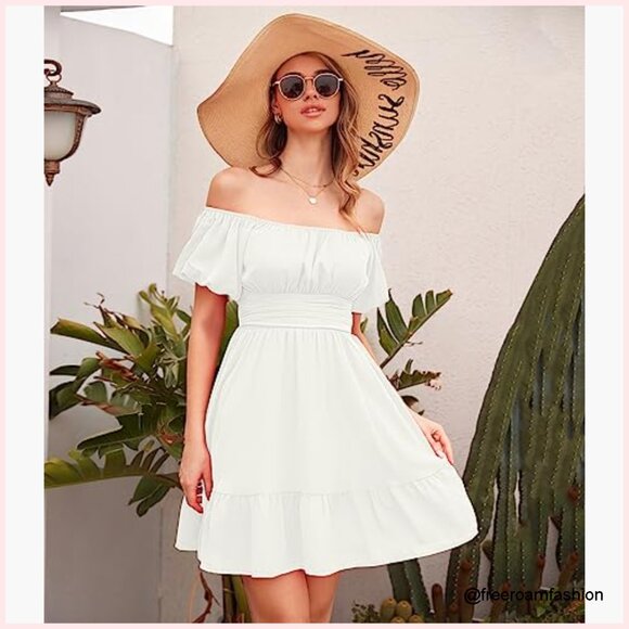 Summer Mini Dress with Square Neck and Tie Back, Off Shoulder Lantern Sleeves - Picture 5 of 7